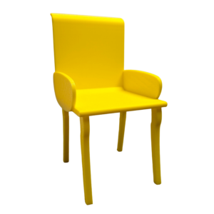 Bright yellow 3D printed miniature armchair for Barbie dolls and 1:12 scale dollhouses, featuring a modern high-back design.
