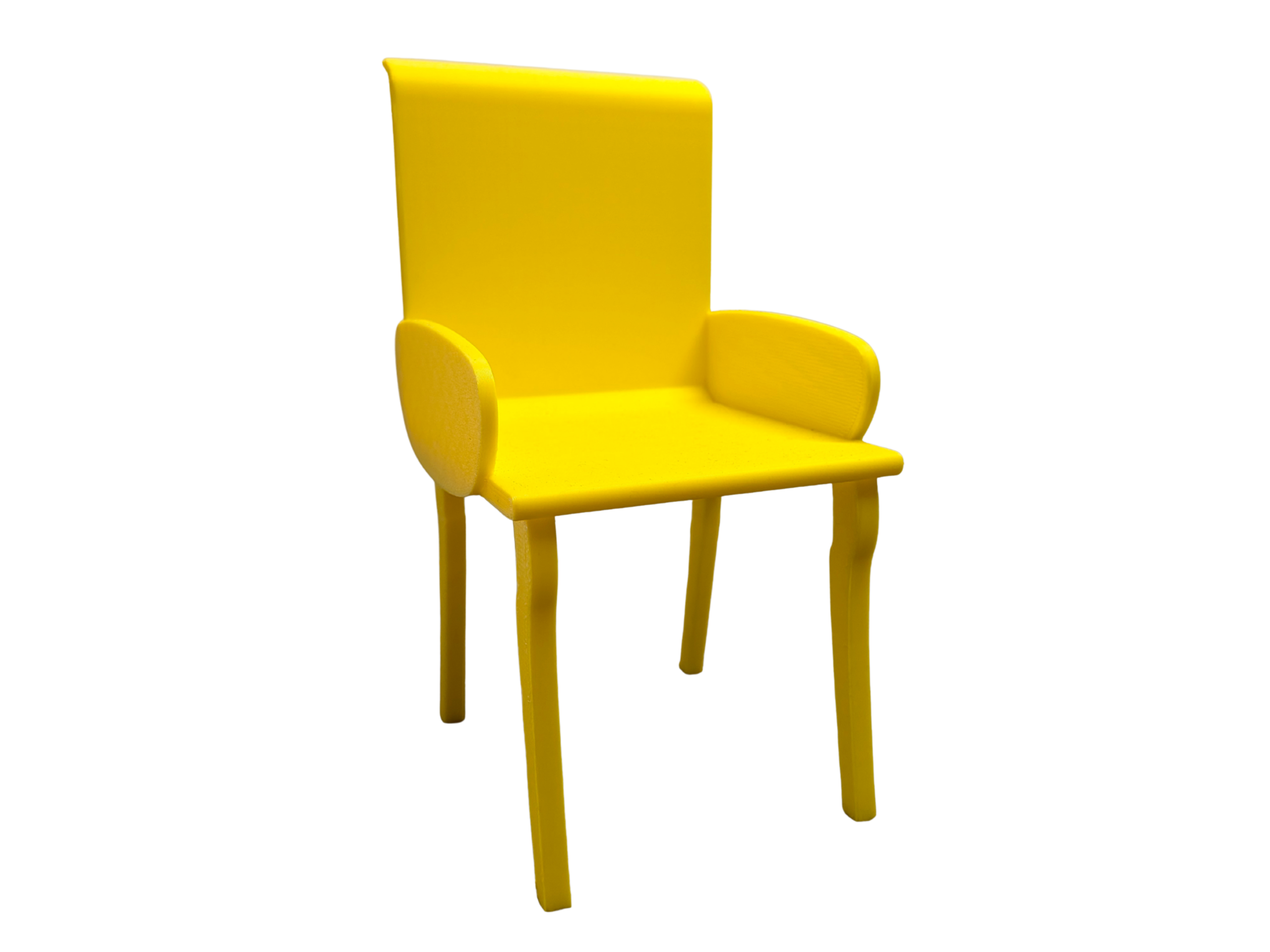 Bright yellow 3D printed miniature armchair for Barbie dolls and 1:12 scale dollhouses, featuring a modern high-back design.