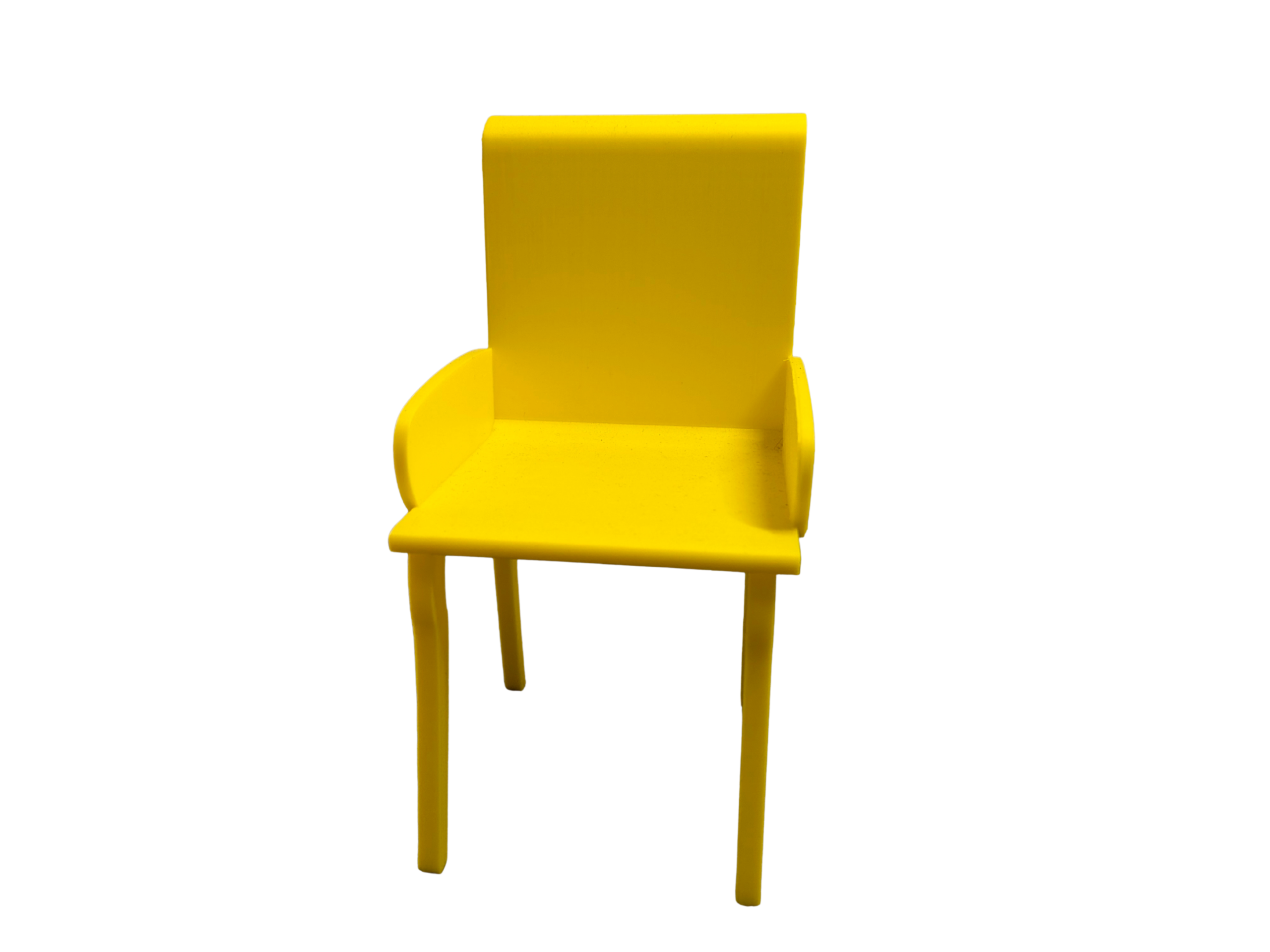 Bright yellow 3D printed miniature armchair for Barbie dolls and 1:12 scale dollhouses, featuring a modern high-back design.