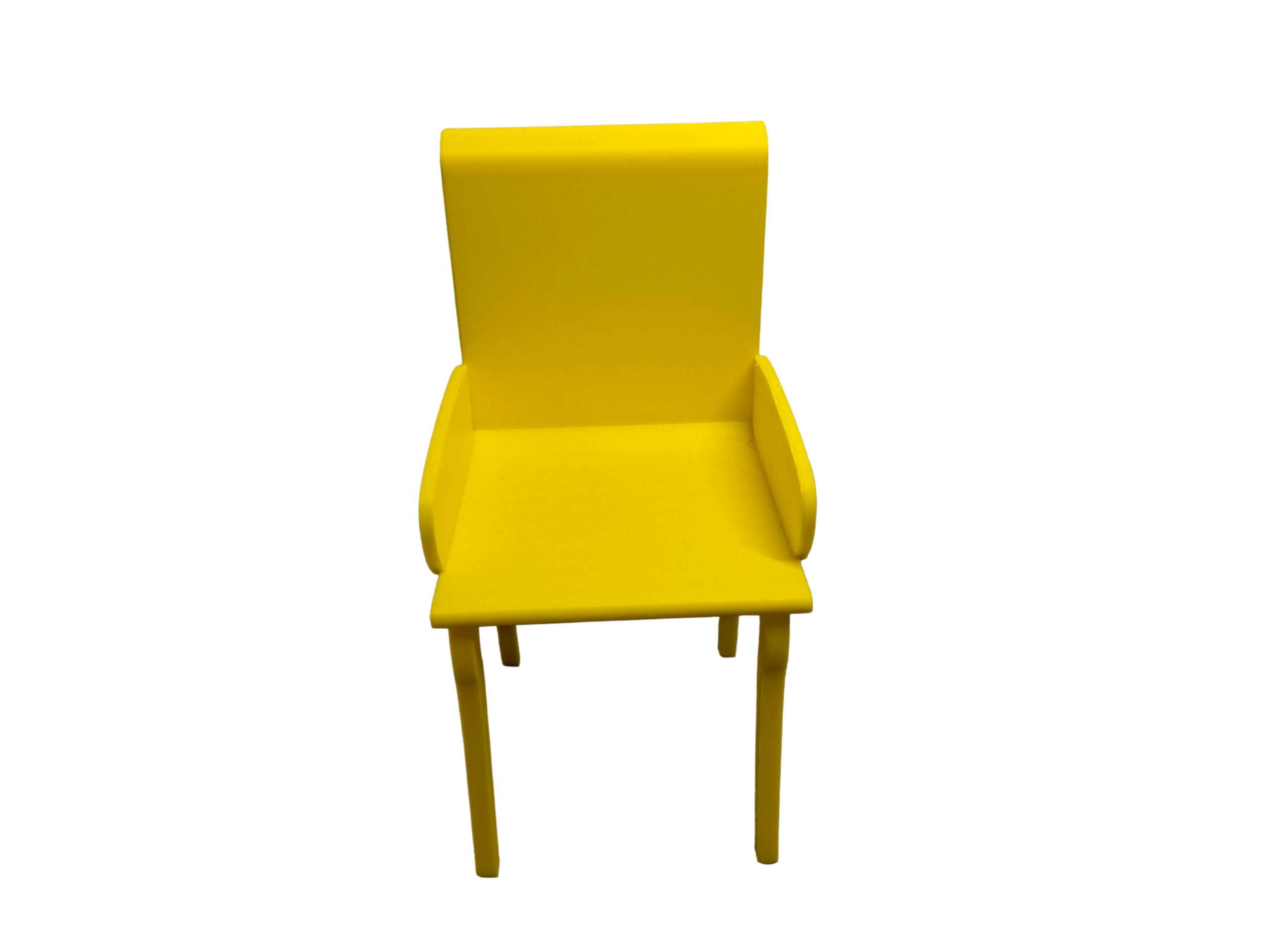 Bright yellow 3D printed miniature armchair for Barbie dolls and 1:12 scale dollhouses, featuring a modern high-back design.