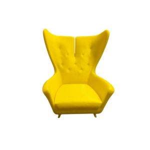 Vibrant yellow 3D printed miniature wingback chair with realistic tufted backrest and modern tapered legs for dollhouse living rooms.