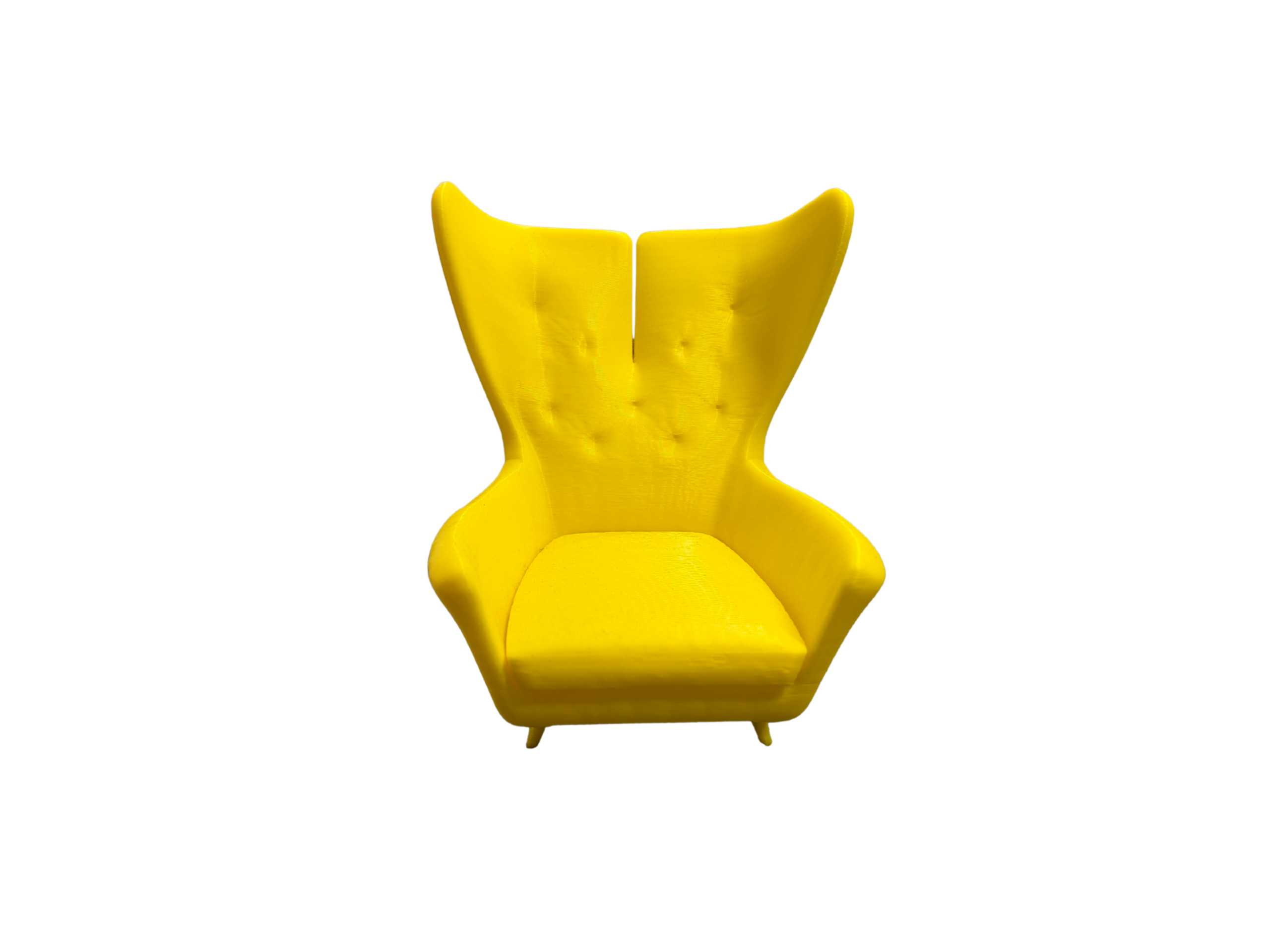 Vibrant yellow 3D printed miniature wingback chair with realistic tufted backrest and modern tapered legs for dollhouse living rooms.