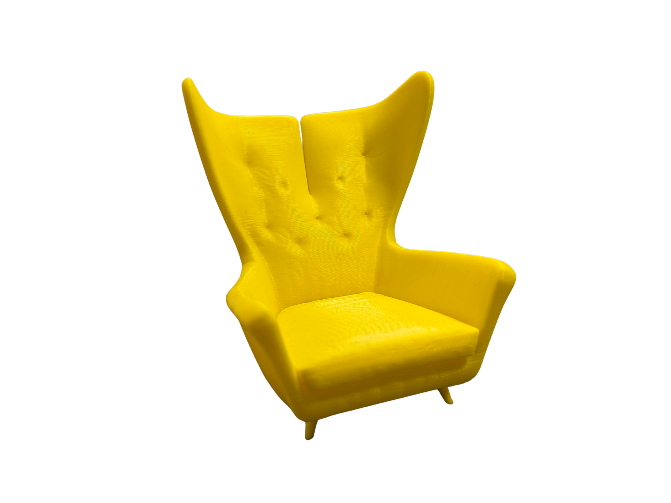 Vibrant yellow 3D printed miniature wingback chair with realistic tufted backrest and modern tapered legs for dollhouse living rooms.