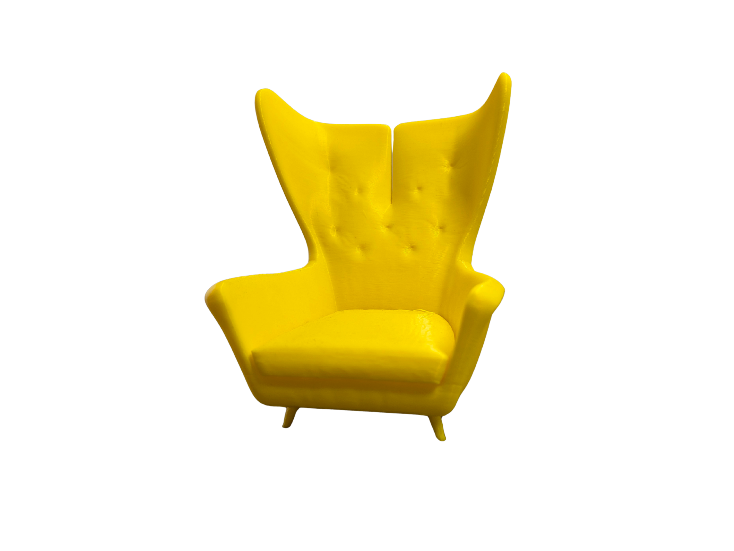 Vibrant yellow 3D printed miniature wingback chair with realistic tufted backrest and modern tapered legs for dollhouse living rooms.