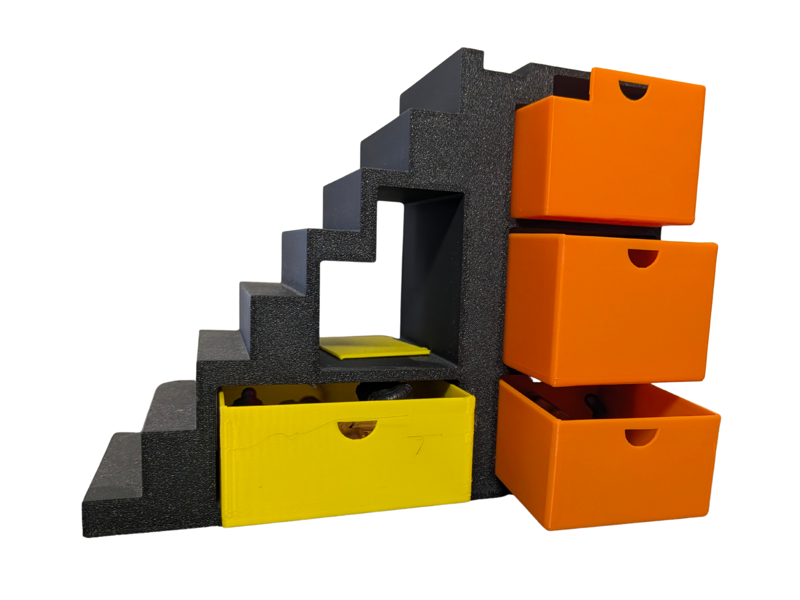 Modern 3D printed dollhouse staircase in grey with yellow and orange pull-out storage drawers for miniature accessories.