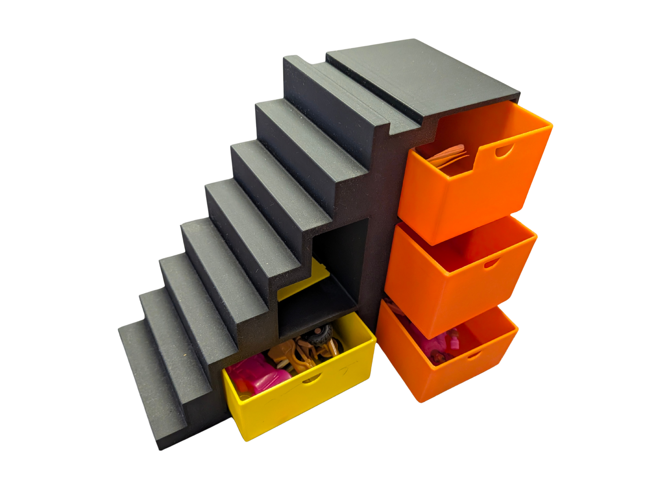 Modern 3D printed dollhouse staircase in grey with yellow and orange pull-out storage drawers for miniature accessories.
