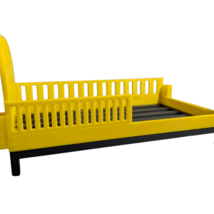 Modern 1:12 scale 3D printed miniature dollhouse daybed with a bright yellow frame and a black slatted base.
