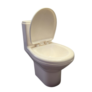 White 3D printed miniature dollhouse toilet with an open lid in 1:12 scale, shown against a neutral background.